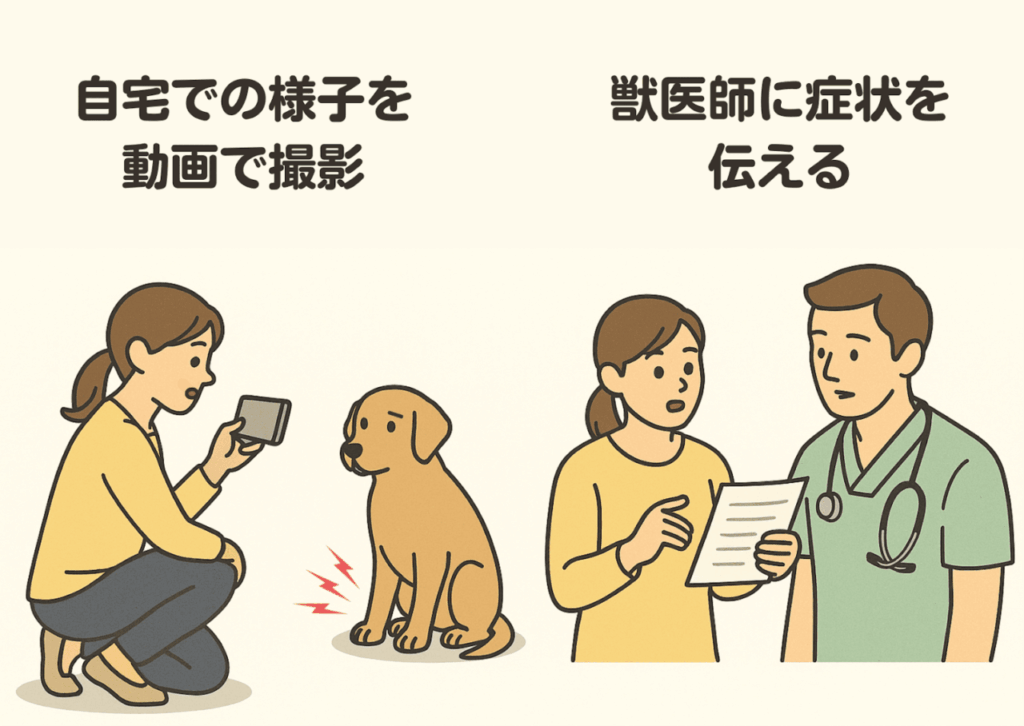 犬の足の異常をスマホで撮影して獣医師に見せる飼い主のイラスト。自宅での様子を動画に残し、動物病院で症状を伝える流れを表現