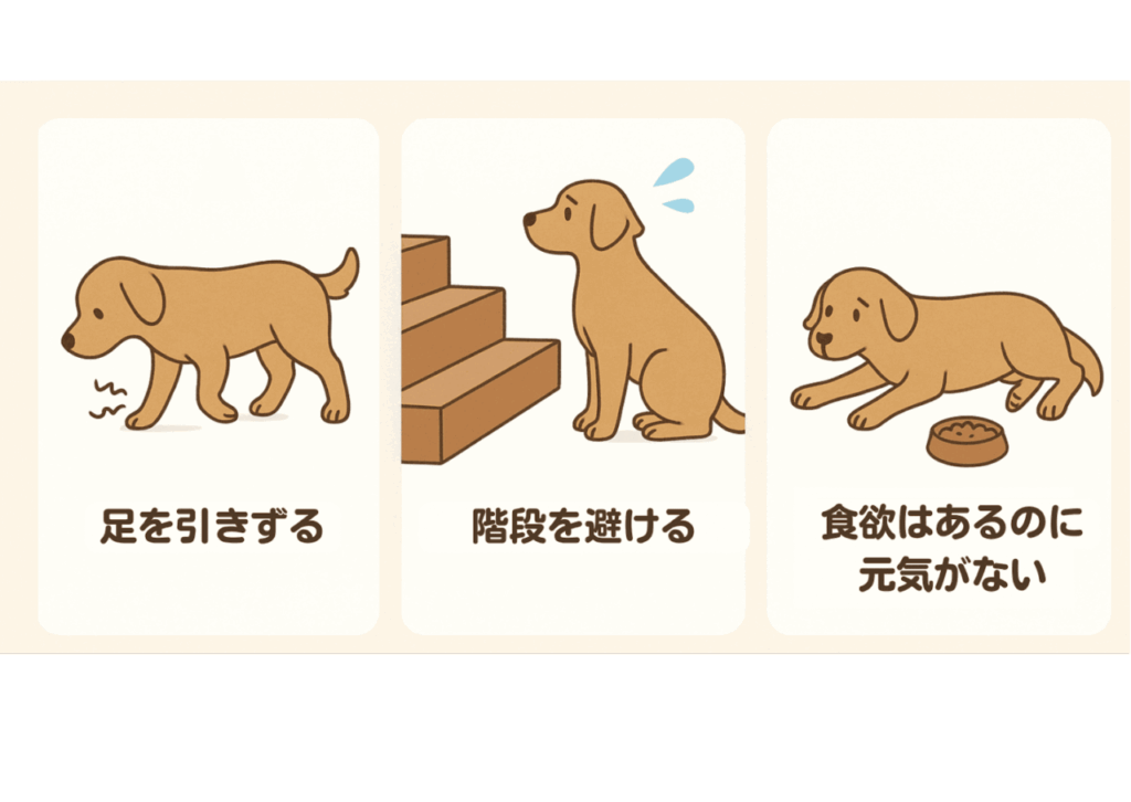 足を引きずって歩く犬、階段の前で不安そうに立ち止まる犬、そして食欲はあるのに元気がなく伏せている犬のイラスト。犬が突然立てなくなったときに見られる症状の例。