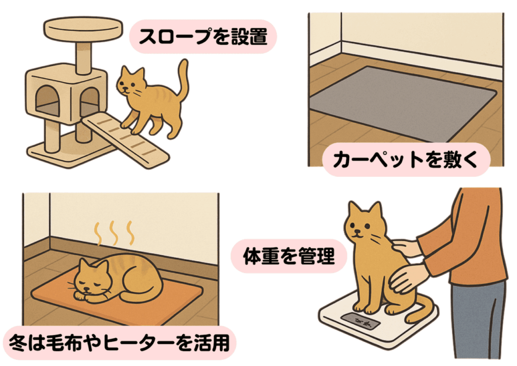 猫の関節ケアをサポートする家庭での工夫を紹介するイラスト。キャットタワーにスロープを設置して登りやすくする猫、滑り止めのカーペットを敷いた部屋、冬に毛布やヒーターで温かく過ごす猫、体重計の上で体重管理を受ける猫の様子が描かれている。