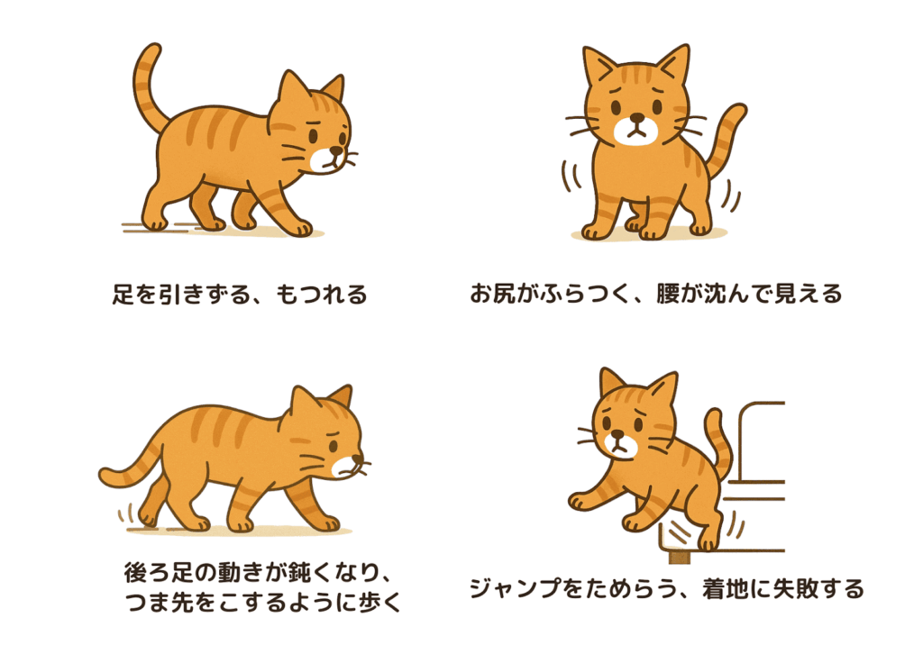 図解：猫の歩行異常パターン4週／（左上）足を引きずる、もつれる（右上）お尻がふらつく、腰が沈んで見える（左下）後ろ足の動きが鈍くなり、つま先をこするように歩く（右下）ジャンプをためらう、着地に失敗する